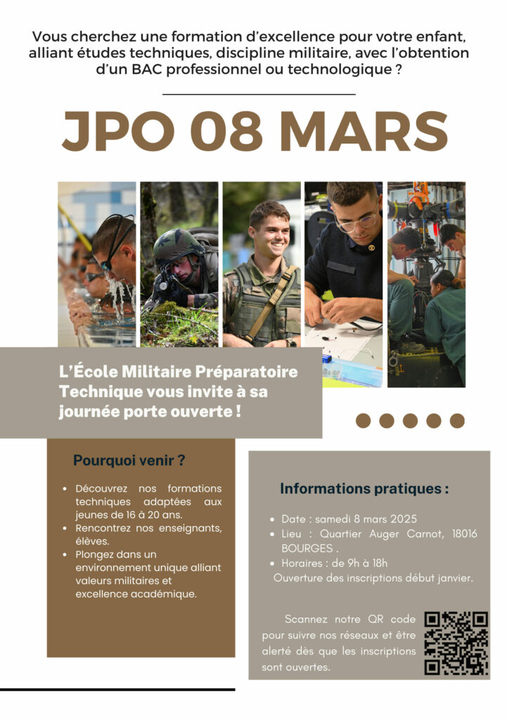 affiche journée portes ouvertes de l'école militaire préparatoire technique de Boureges le 8 mars 2025