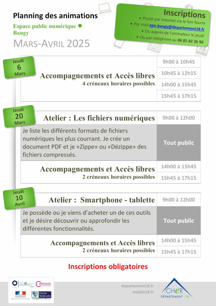Planning en de l'espace public numérique de Baugy mars et avril 2025