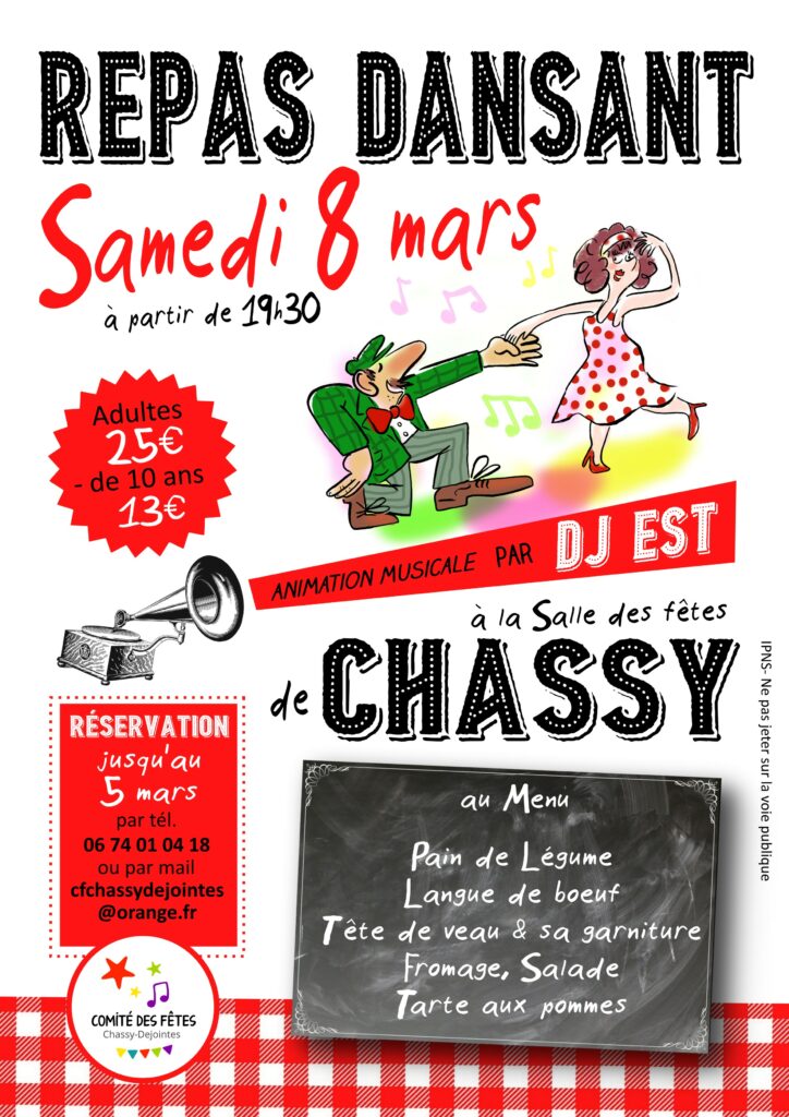 affiche pour le repas dansant à Chassy le 8 mars 2025