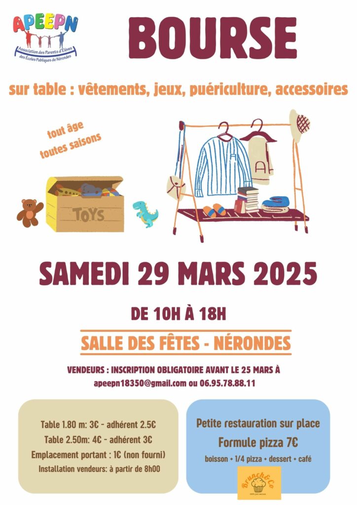 affiche de la bourse aux vêtements enfant par l'APEEPN à Nérondes le 29 mars 2025.