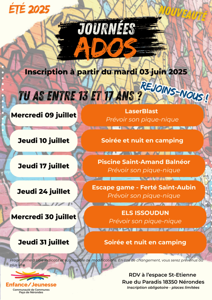 info journées ados ÉTÉ 2025 CDC Pays de Nérondes